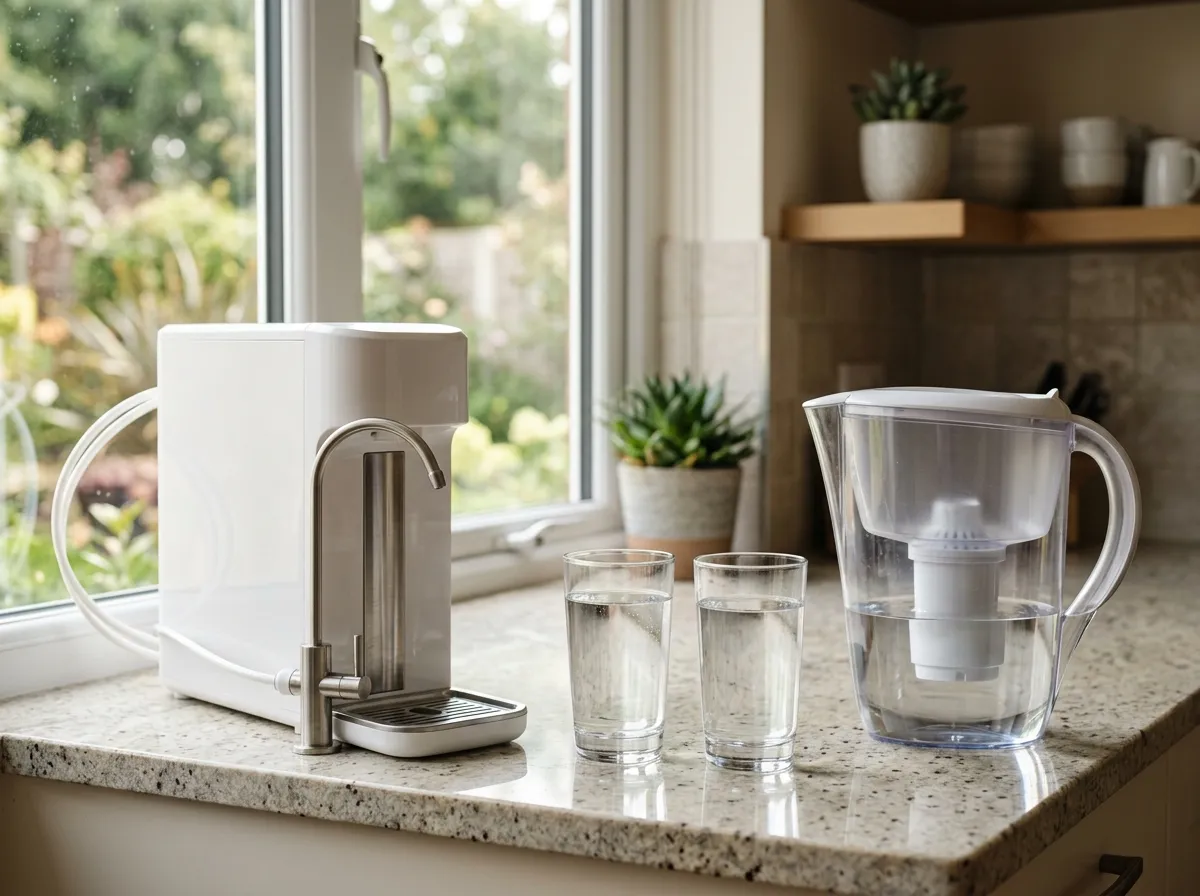 AquaTru countertop RO system next to Clearly Filtered water pitcher on a kitchen counter