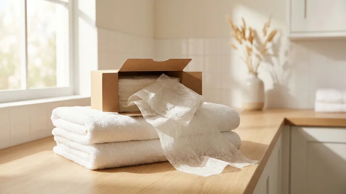 Dryer sheets sitting on top of folded laundry near a dryer