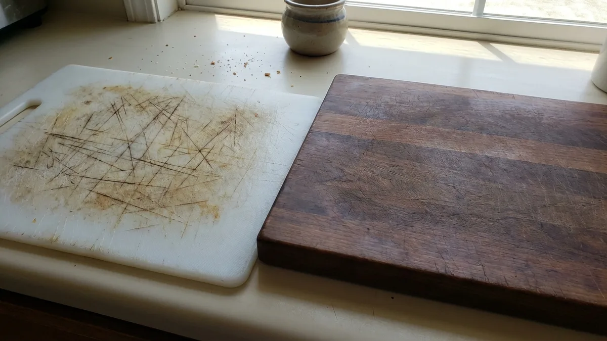 Knife blade on a scratched white plastic cutting board showing visible cut marks