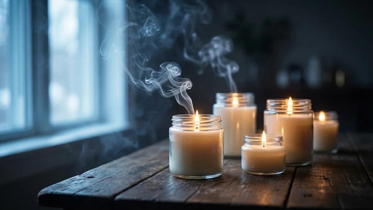 A lit scented candle in a glass jar on a wooden table in a dim room
