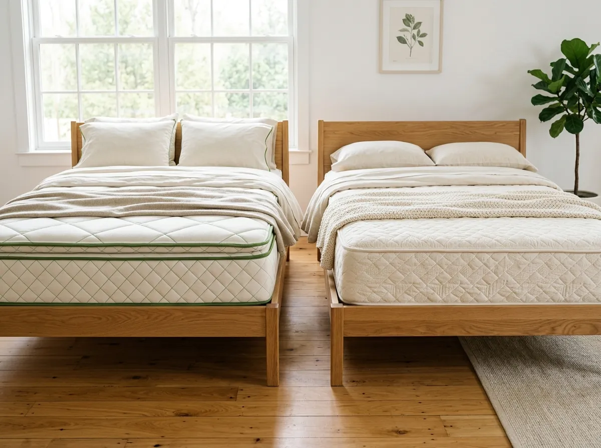 Split comparison image of Avocado and Birch organic mattresses
