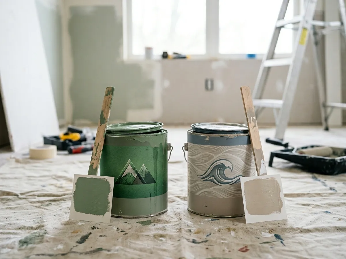 Benjamin Moore Natura and Sherwin-Williams Harmony paint cans side by side