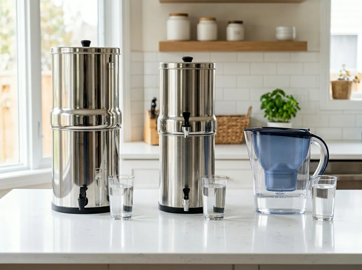 Three gravity water filters side by side on a kitchen counter for comparison