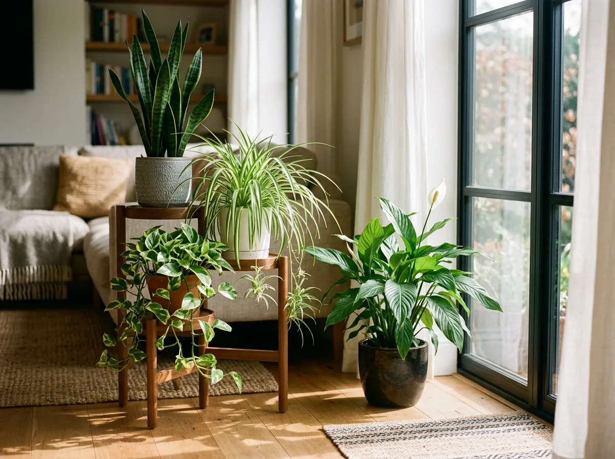 Collection of air-purifying houseplants including snake plant and pothos in a bright living room