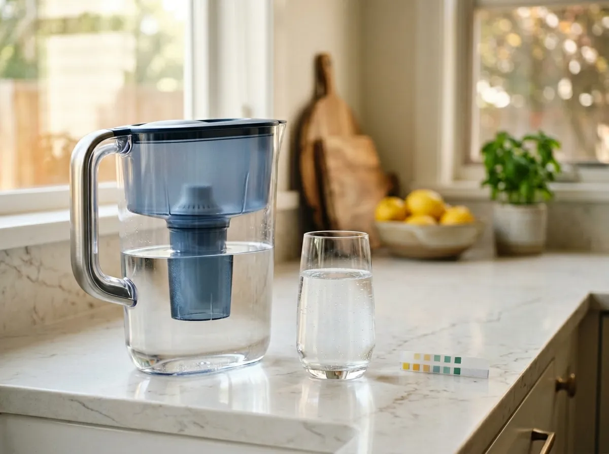 Countertop and pitcher water filters for fluoride removal on a kitchen counter