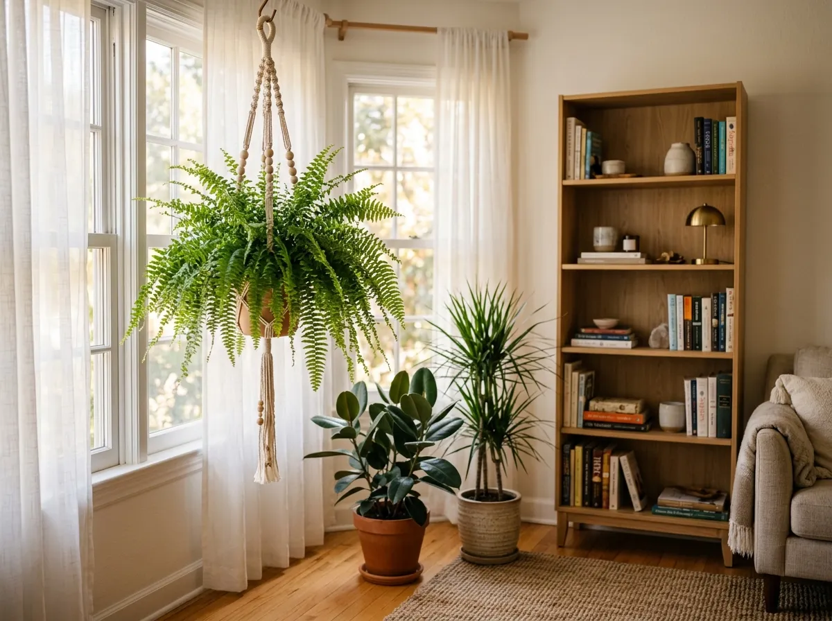 Boston fern and spider plant positioned near new wooden furniture in a living room