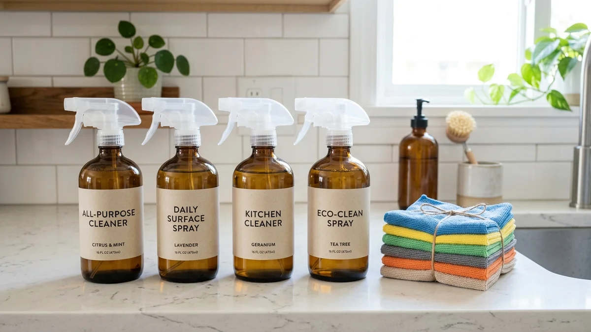 Non-toxic all-purpose cleaner spray bottles on a kitchen counter