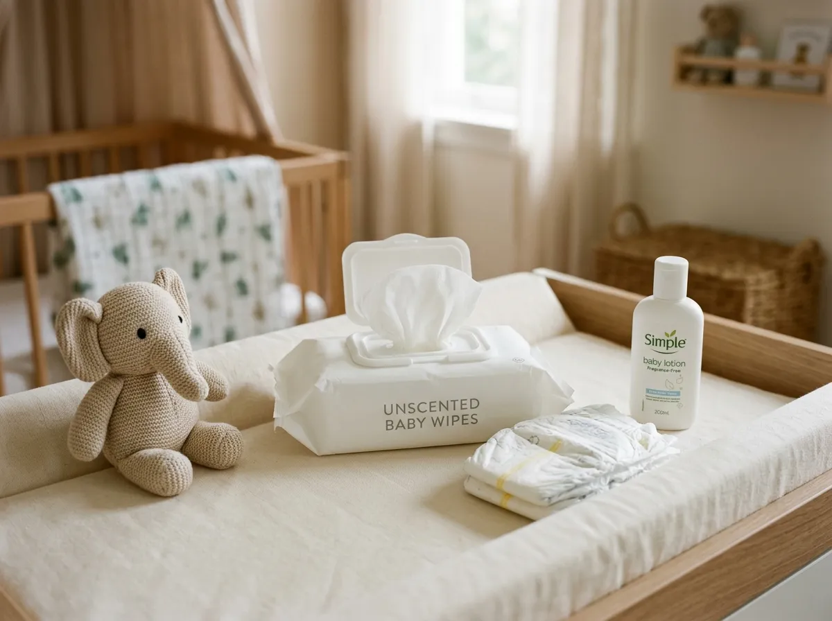 Fragrance-free non-toxic baby wipes next to baby changing supplies