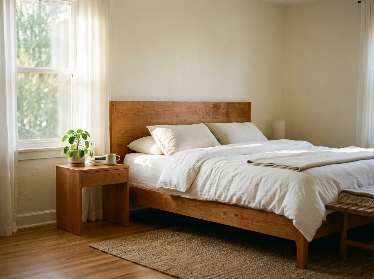 Solid cherry wood platform bed frame with white organic bedding in a minimalist bedroom