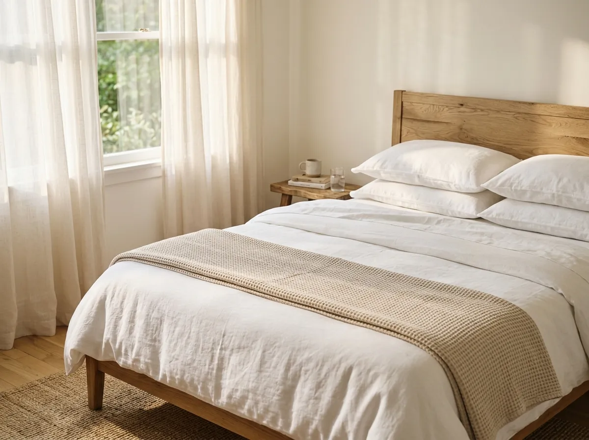 Organic cotton bed sheets on a neatly made bed in a bright bedroom