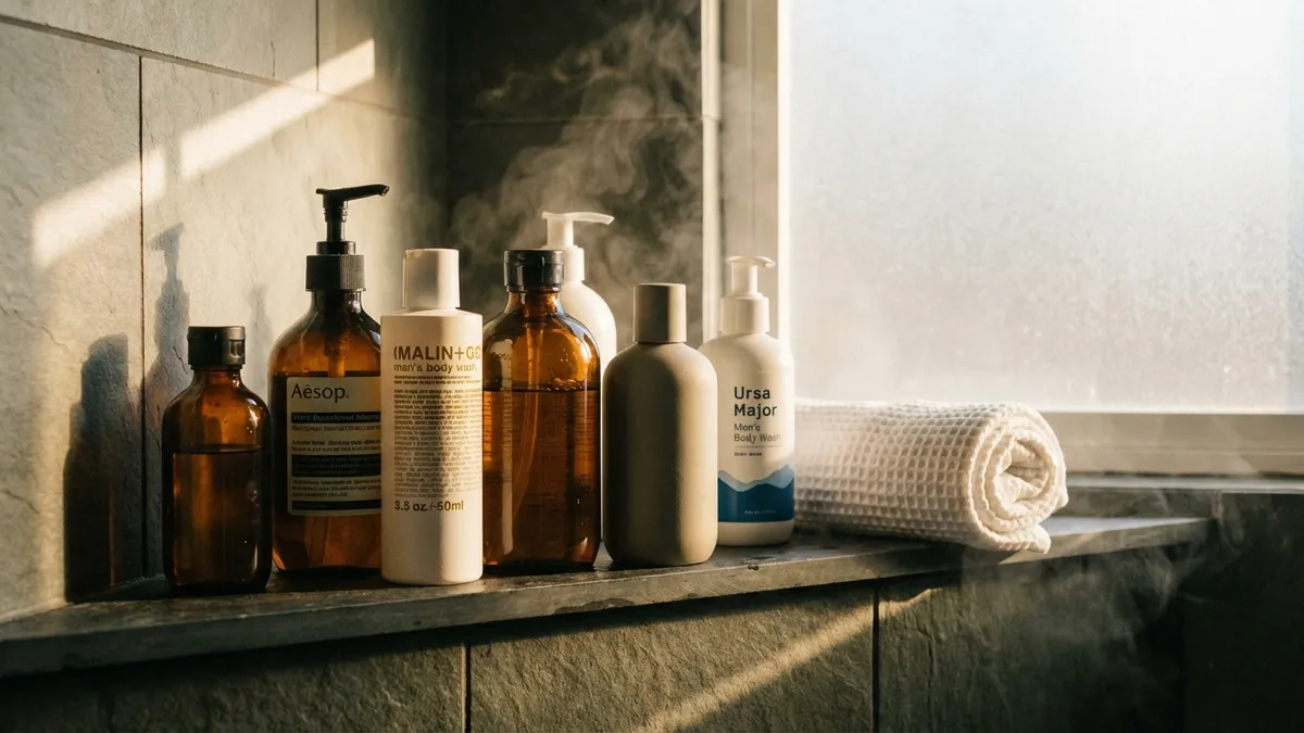Men's non-toxic body wash bottles on a tiled shower shelf with eucalyptus