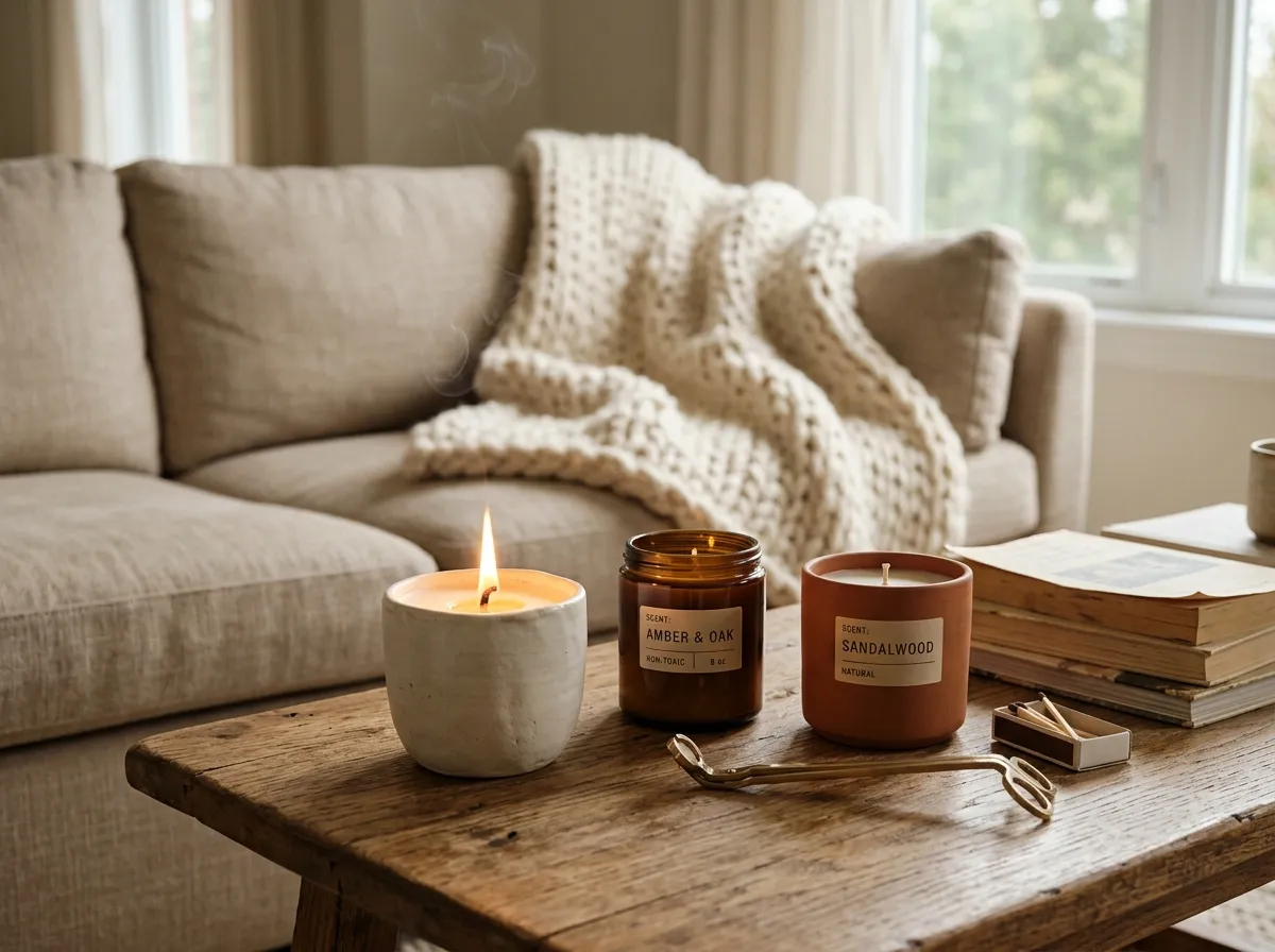 Collection of non-toxic soy and coconut wax candles on a wooden shelf