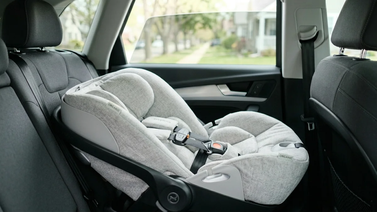 Non-toxic car seat installed in vehicle backseat