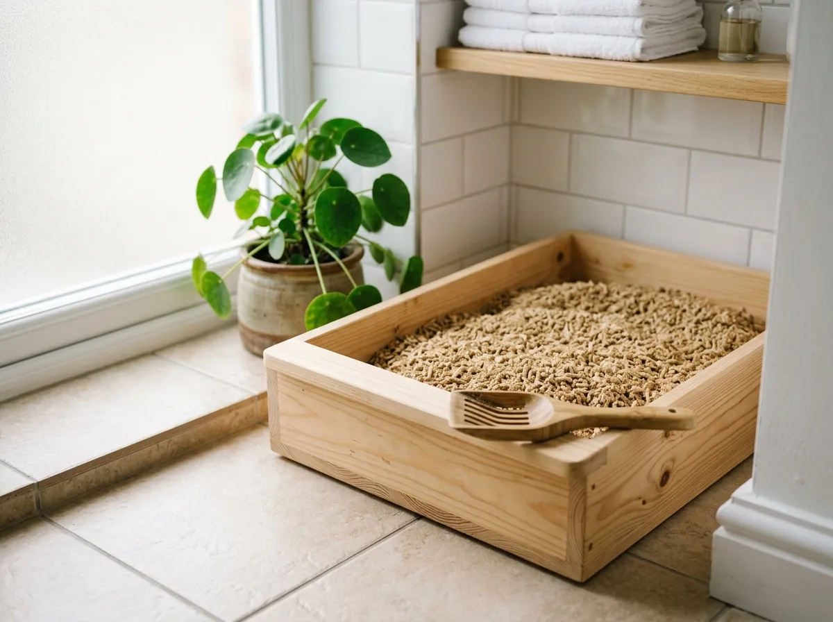 Plant-based cat litter next to a clean litter box in a modern home