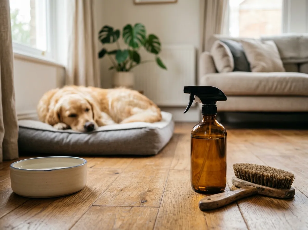 Dog and cat on a clean floor with pet-safe cleaning supplies nearby