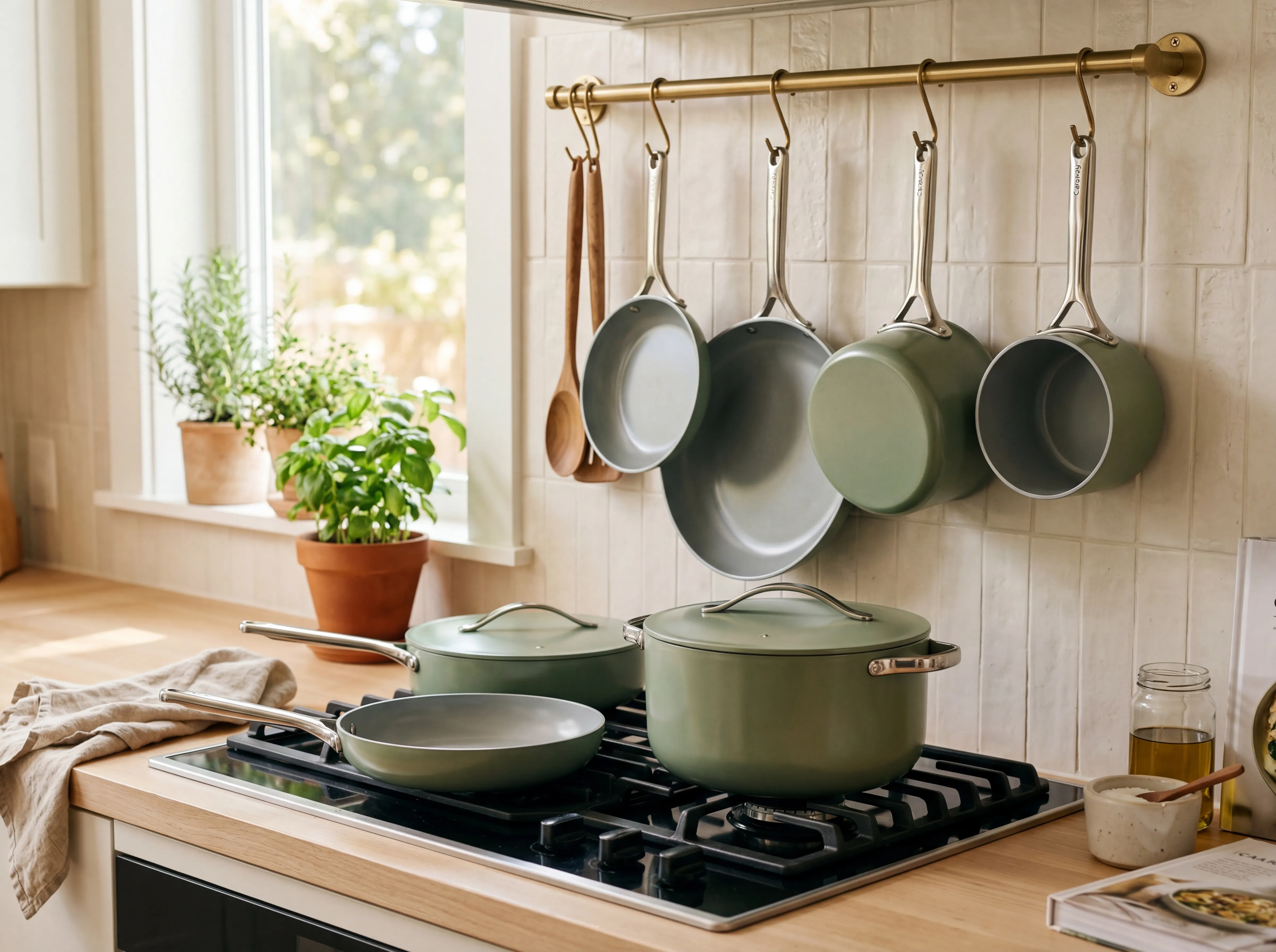 Collection of non-toxic cookware on kitchen counter