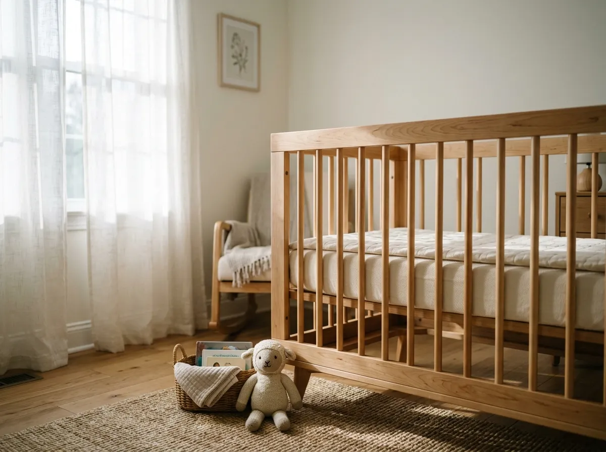 Solid maple wood crib with natural finish in a serene nursery with soft morning light