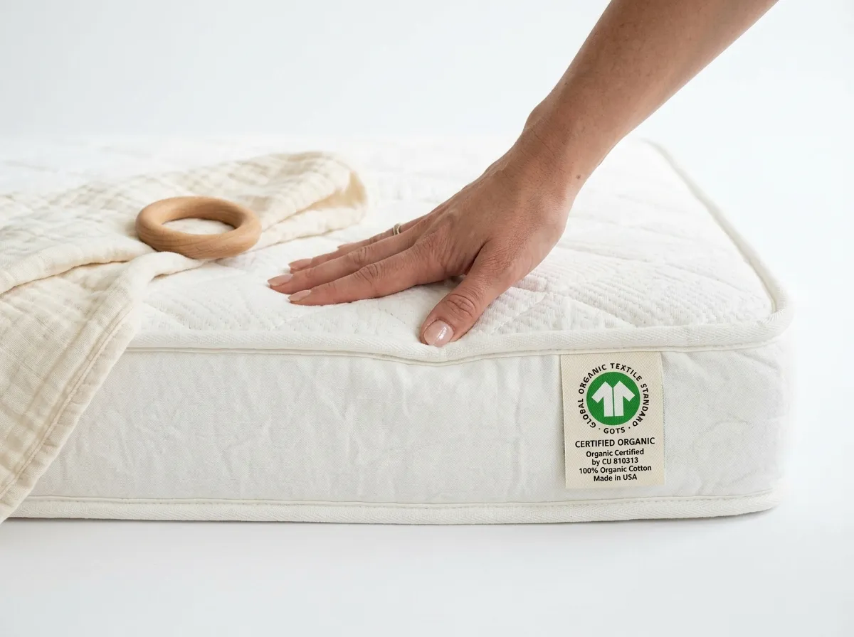 Organic crib mattress in a clean nursery with wooden crib