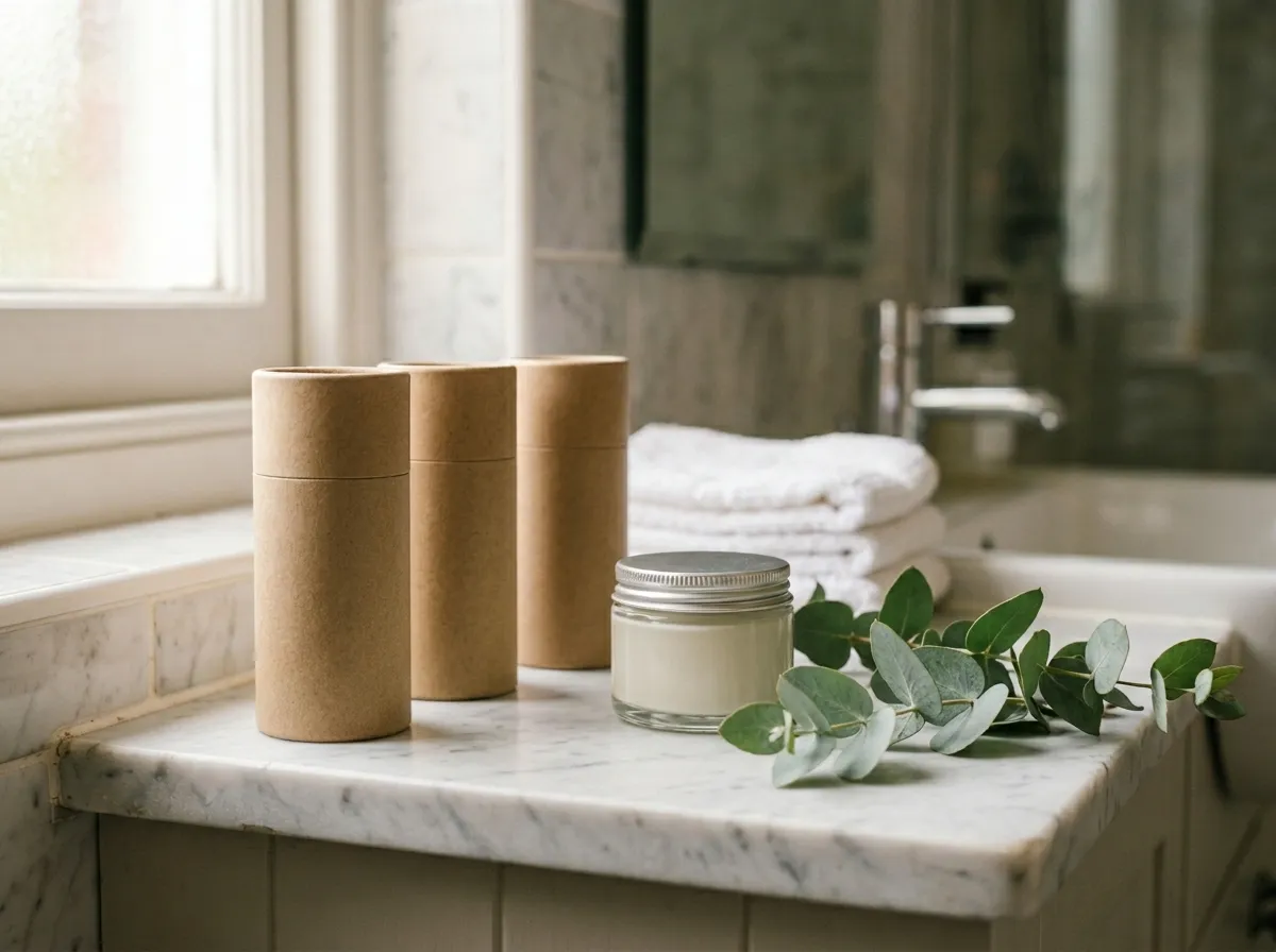 Non-toxic deodorant sticks and creams on a bathroom counter