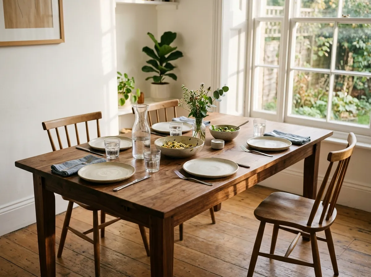 Solid walnut dining table set for a meal in a bright dining room with natural light