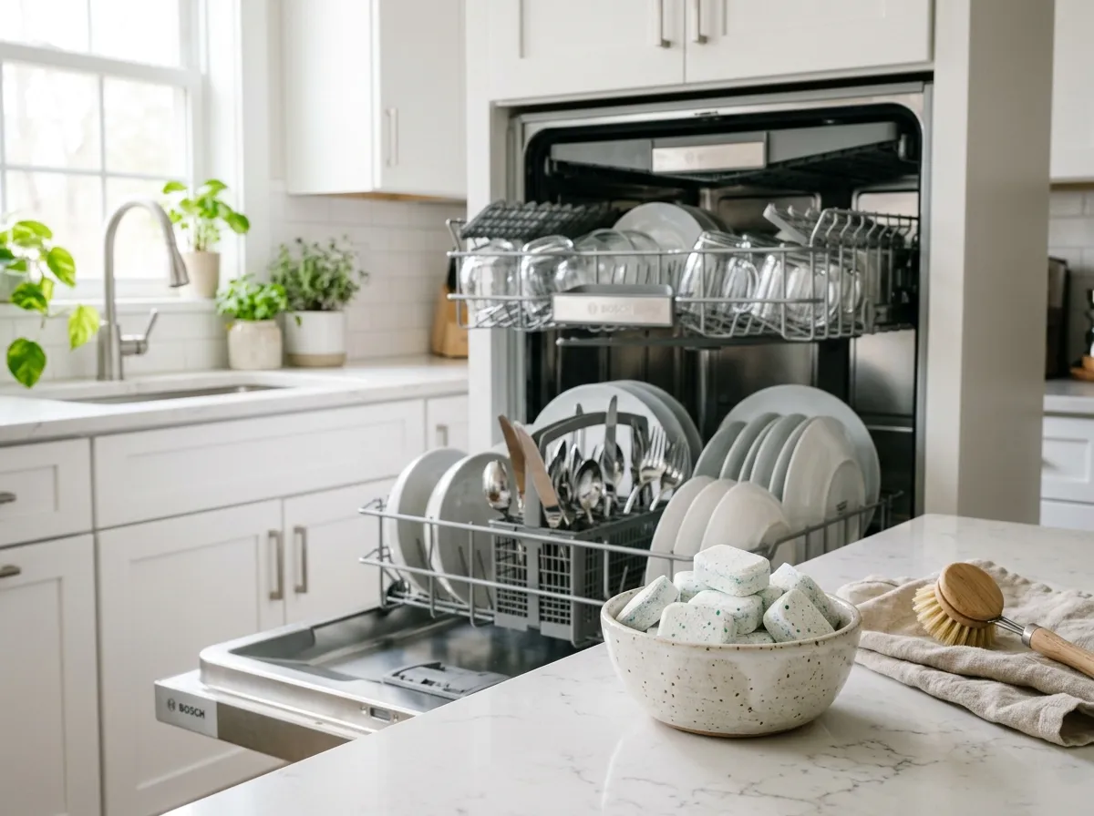 Non-toxic dishwasher detergent tablets next to an open dishwasher with clean dishes