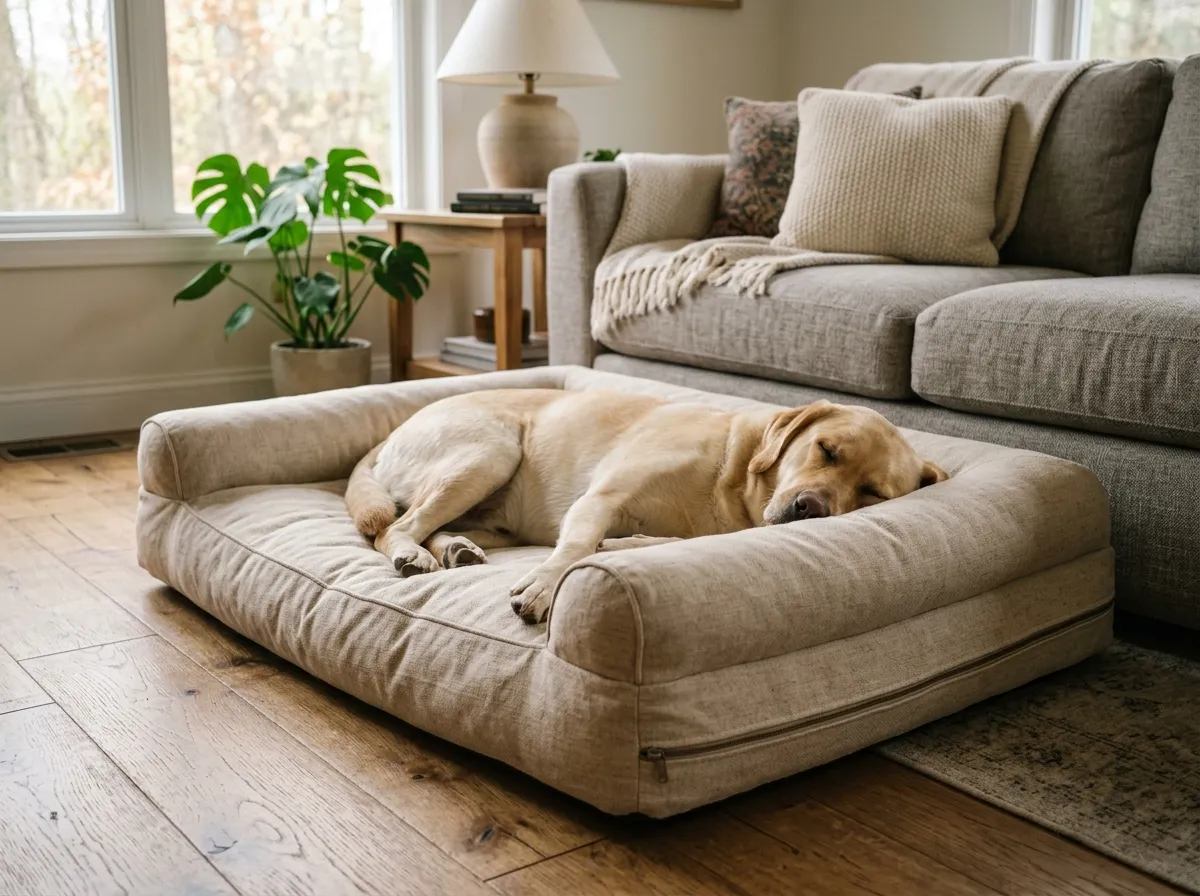 Dog resting on an organic, non-toxic dog bed in a living room