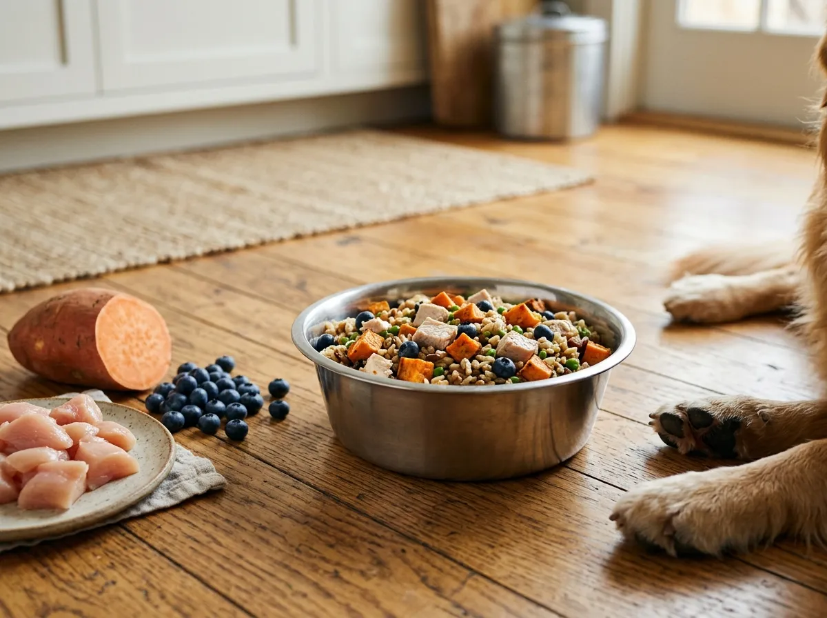 Fresh dog food in a clean stainless steel bowl next to raw ingredients
