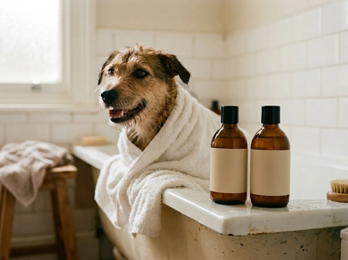 Dog being bathed with natural non-toxic shampoo