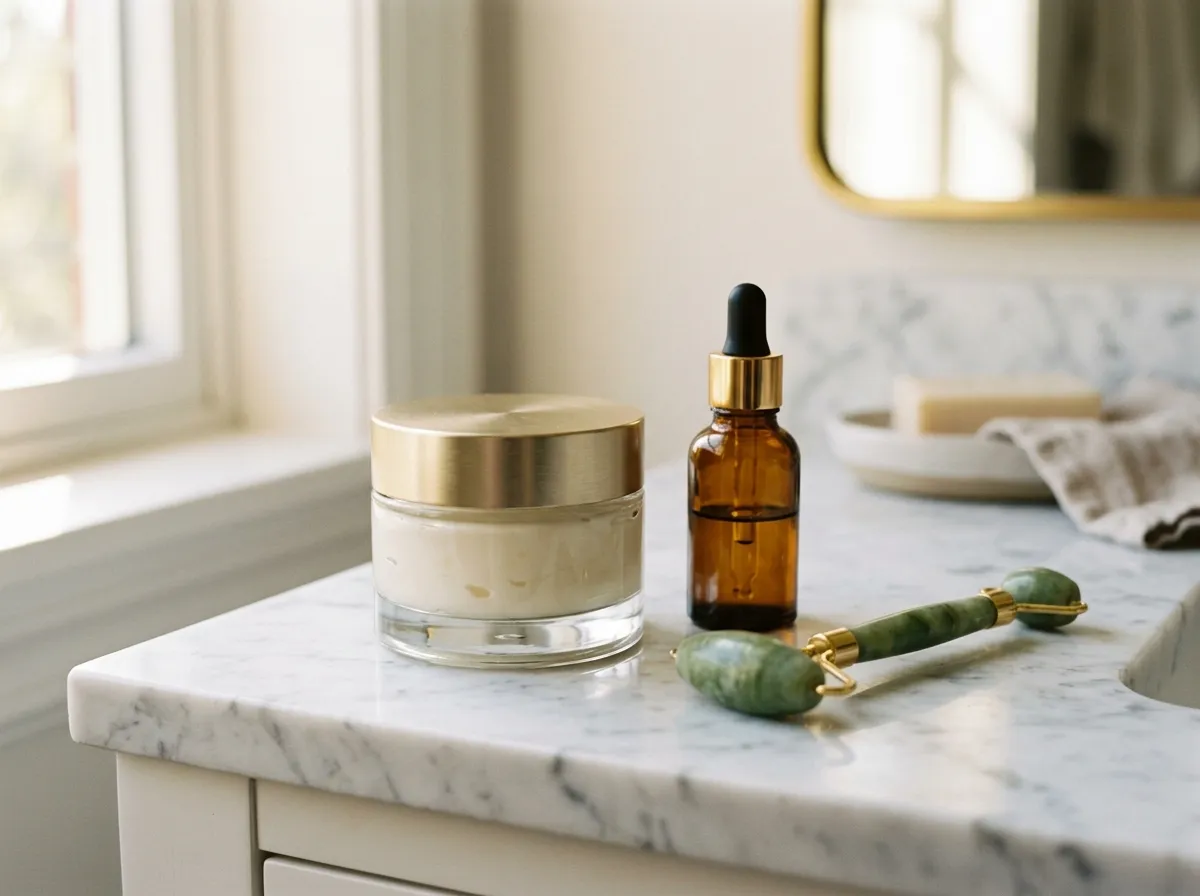Non-toxic face moisturizer jars on a clean bathroom counter