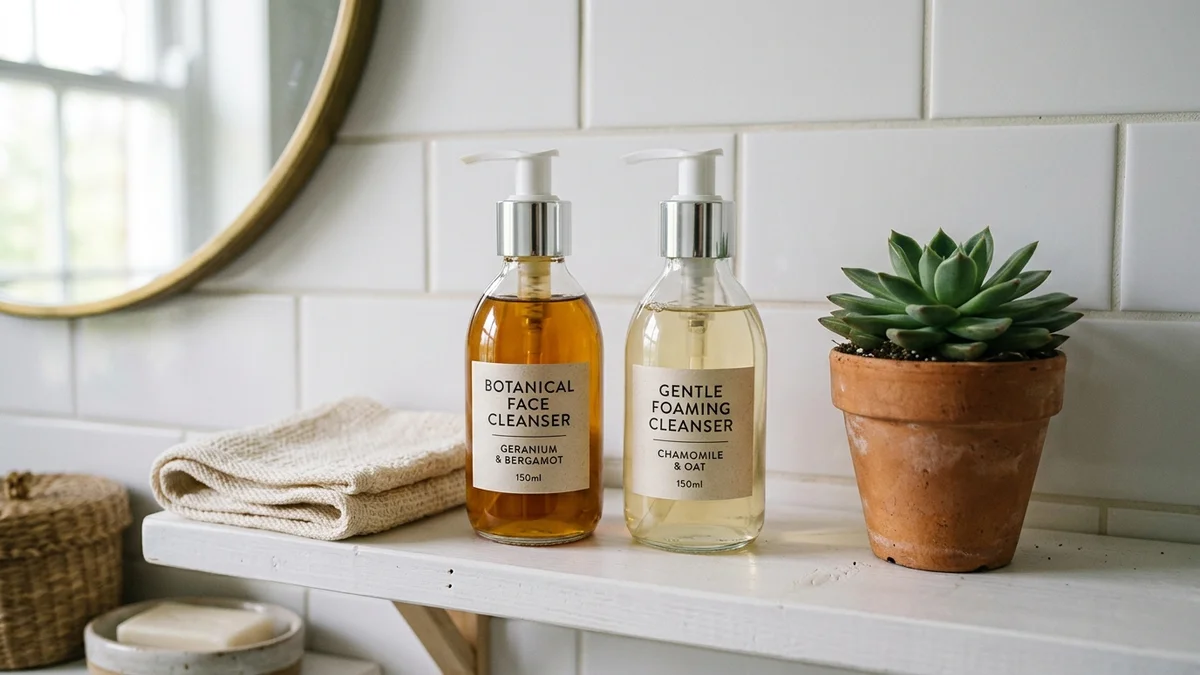 Non-toxic face wash and cleanser bottles on bathroom shelf
