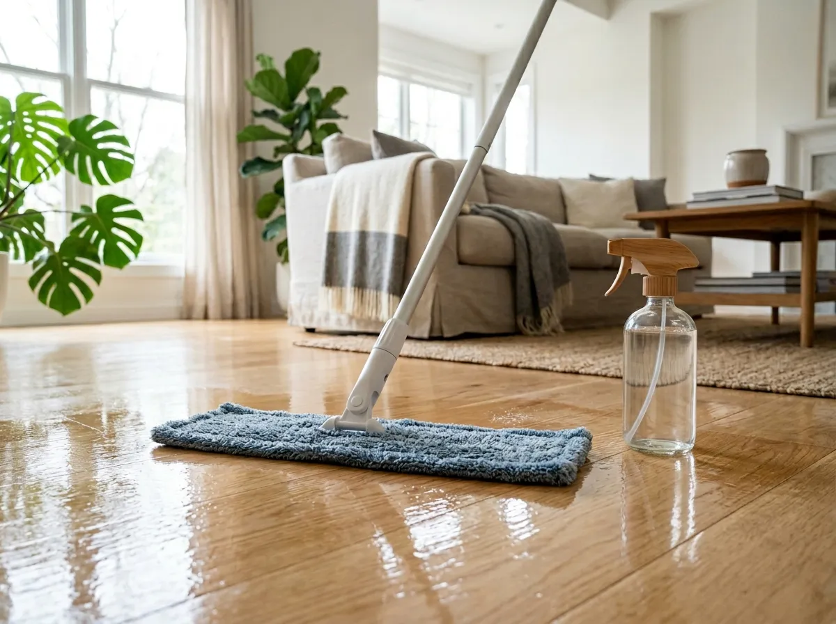 Non-toxic floor cleaning products next to a mop on a hardwood floor