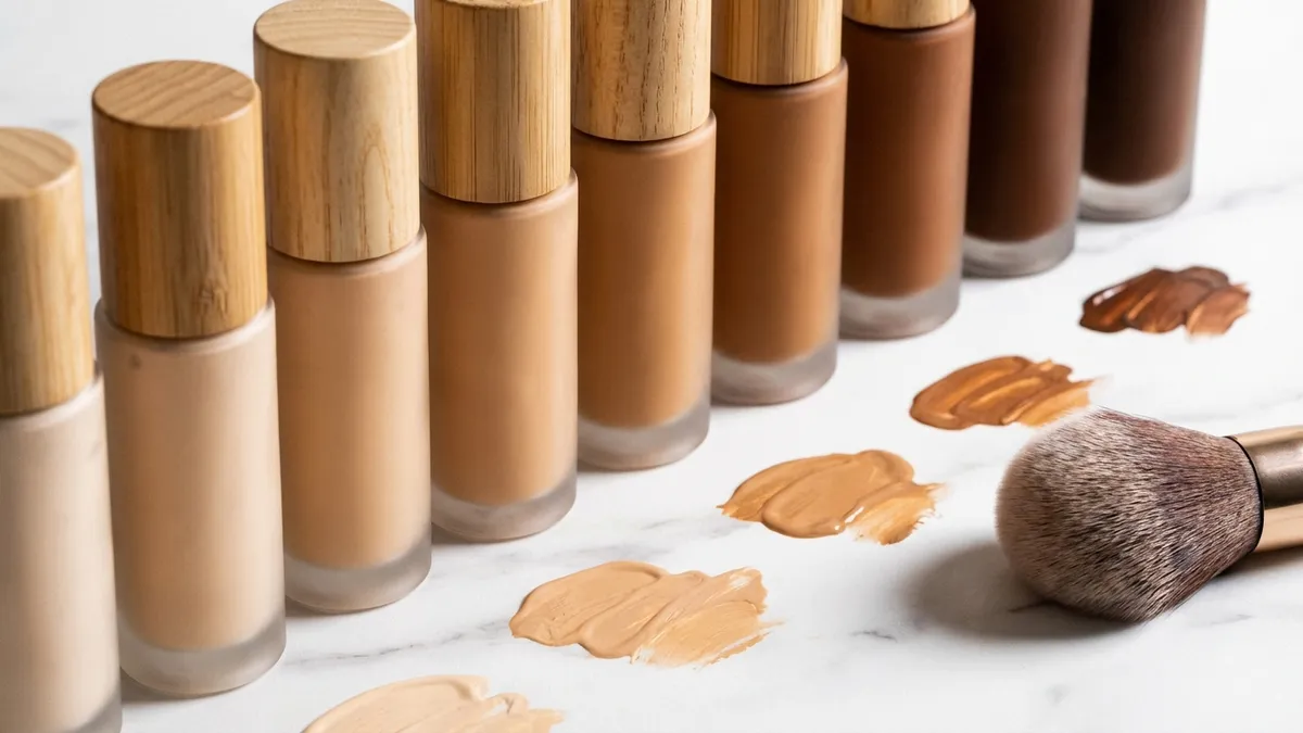 Clean beauty foundation bottles and compacts on a vanity with natural light