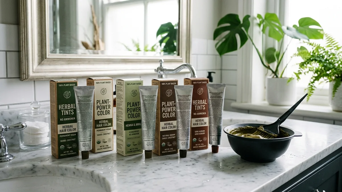 Non-toxic hair dye products on bathroom vanity