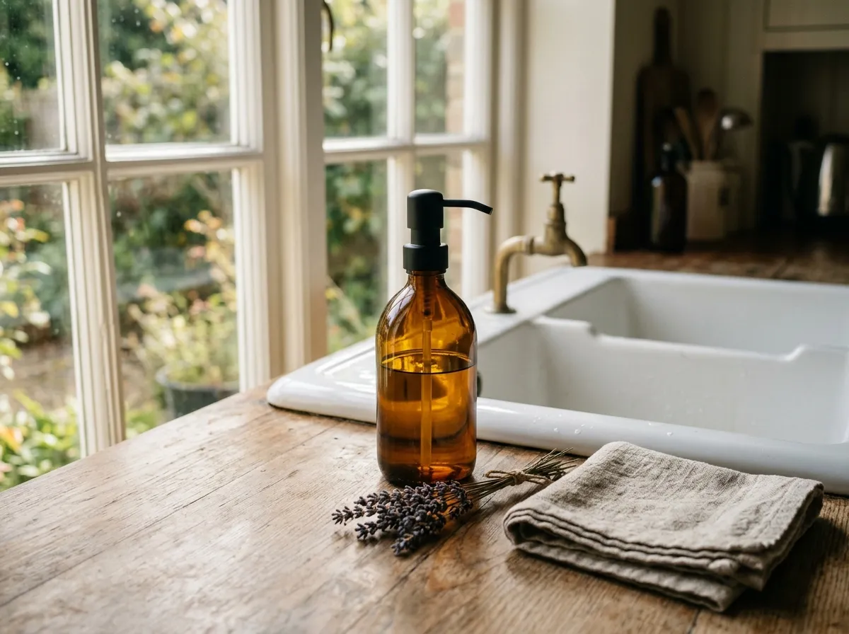 Non-toxic hand soap bottles on a bathroom counter
