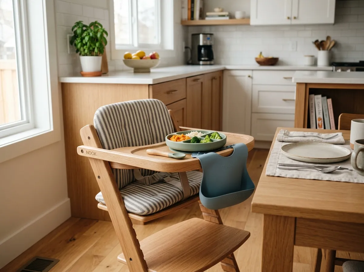 Baby sitting in a non-toxic wooden high chair during mealtime