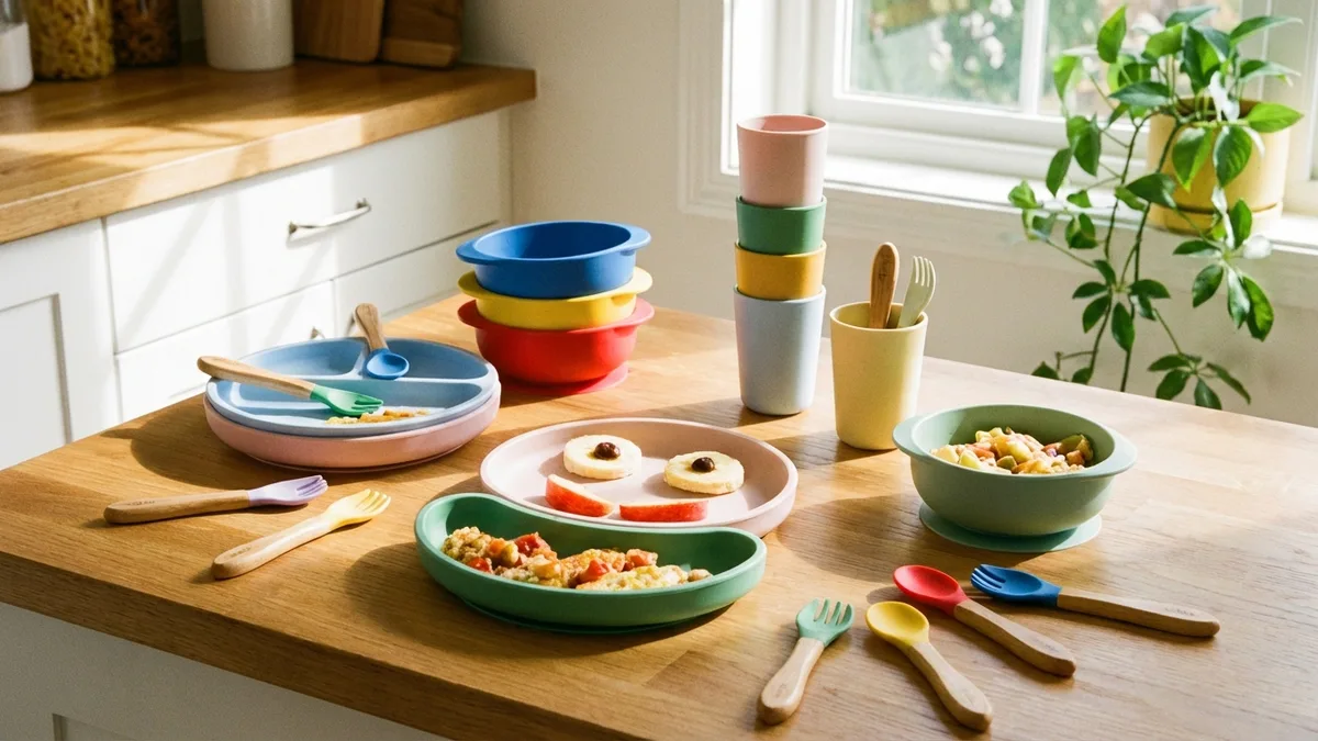 Colorful stainless steel and silicone kids plates bowls and utensils on a wooden table