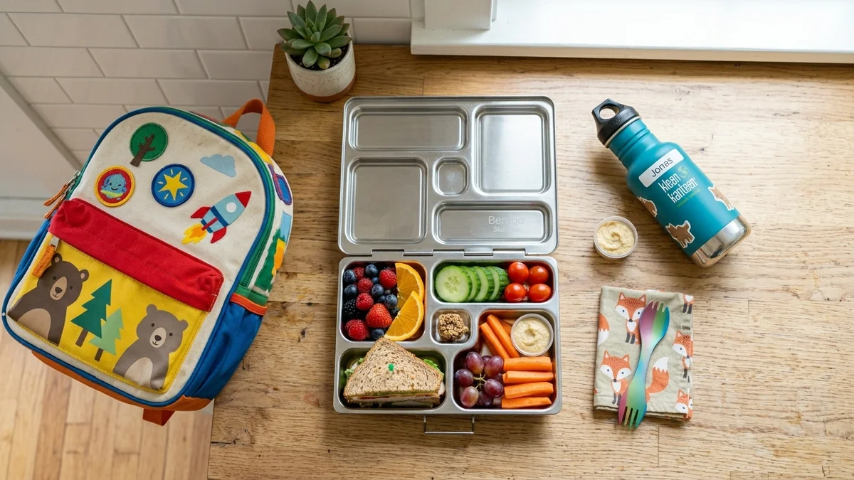 Stainless steel non-toxic lunch box filled with healthy food for kids