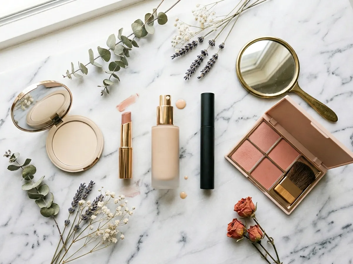 Beautycounter skincare and makeup products laid out for review