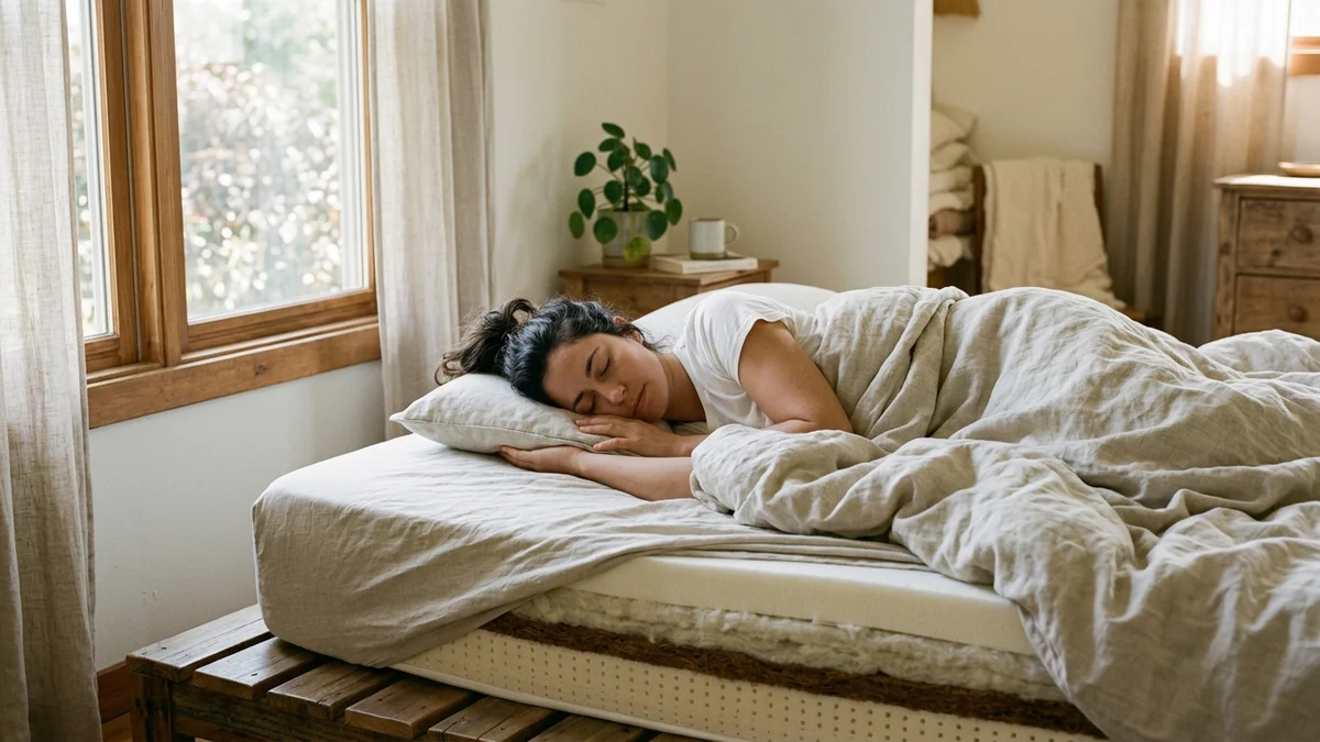 Person sleeping on their side on a non-toxic organic mattress