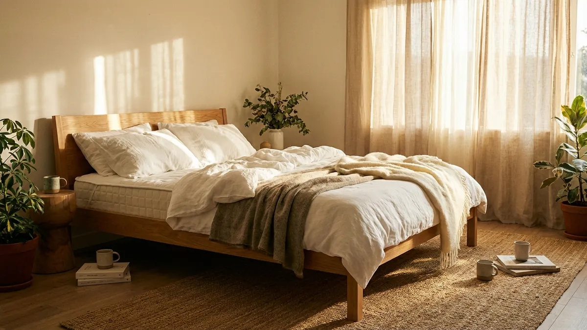 Natural latex mattress with organic cotton cover on a wooden bed frame in a bright bedroom