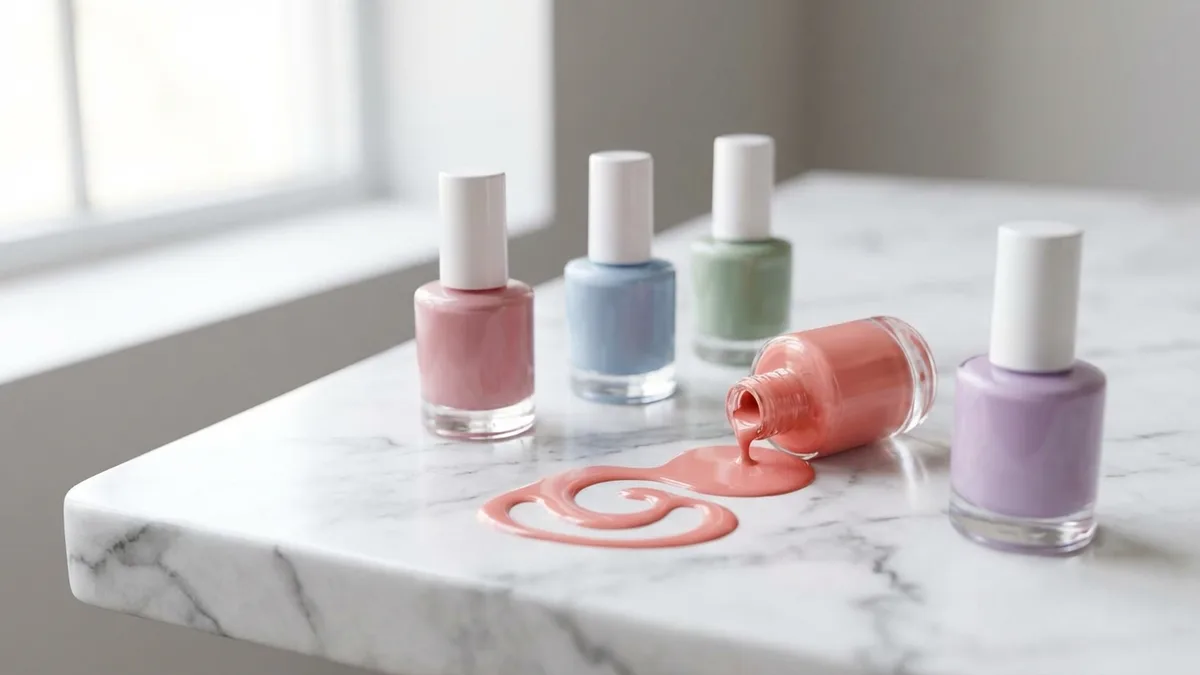 Row of non-toxic nail polish bottles in various colors on a white marble surface