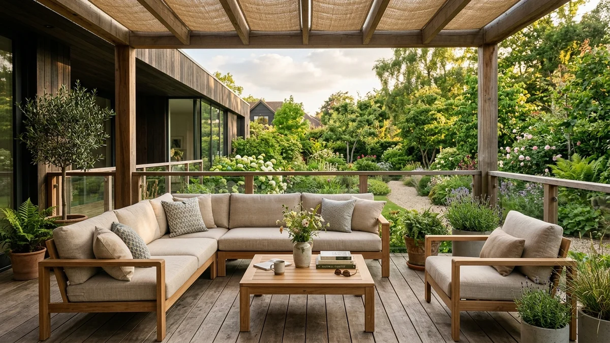 Non-toxic outdoor furniture set on a backyard patio surrounded by plants