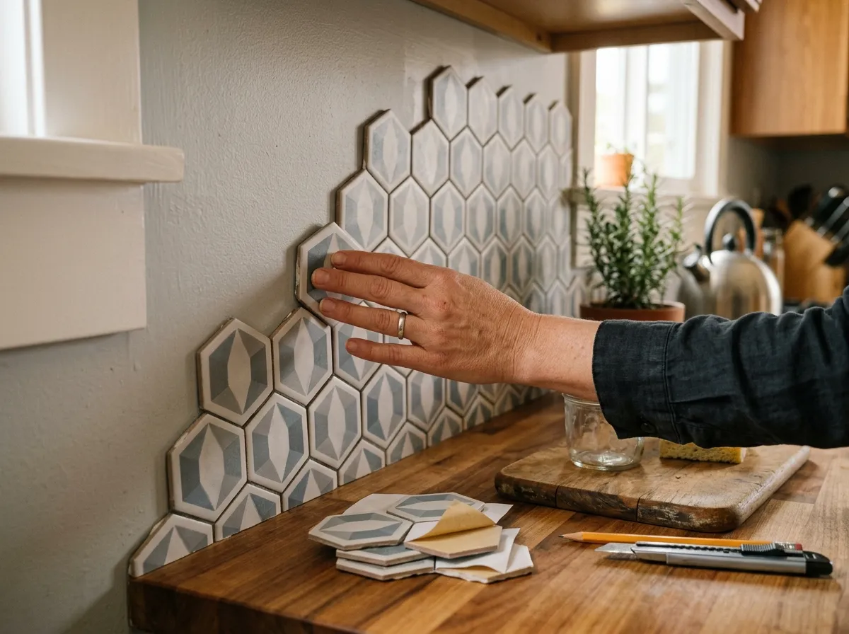 Close-up of peel and stick tile being applied with chemical safety overlay