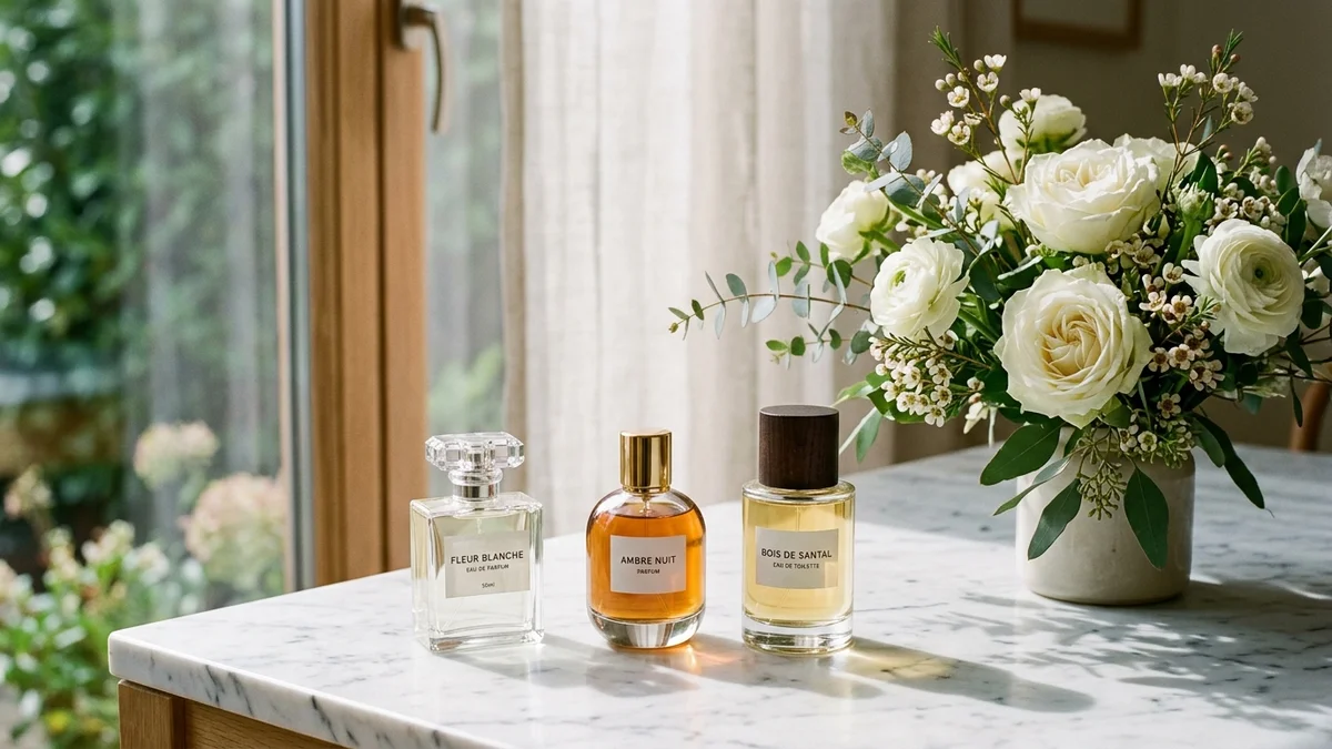 Clean fragrance bottles on a marble vanity with dried botanicals