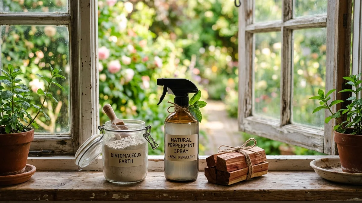 Non-toxic pest control products arranged on a kitchen counter next to a potted herb