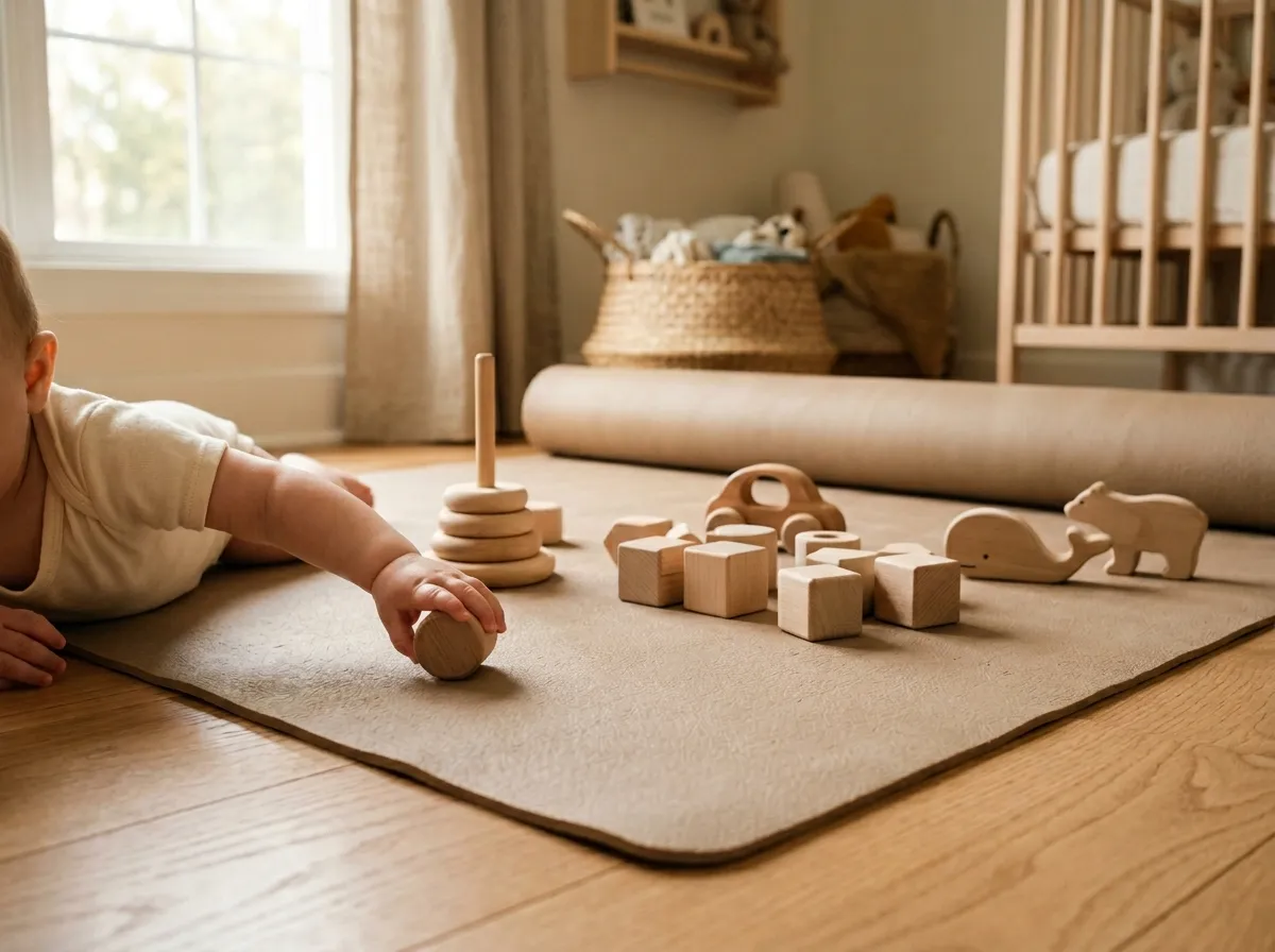 Baby playing on a non-toxic play mat in a bright living room