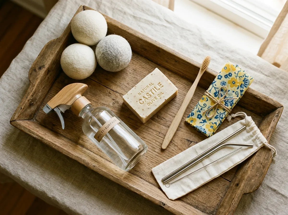 Collection of affordable non-toxic household products arranged on a countertop