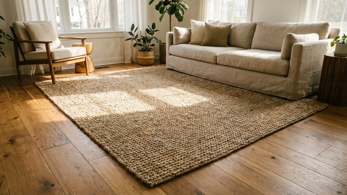 Natural wool and cotton area rugs in a bright living room with hardwood floors
