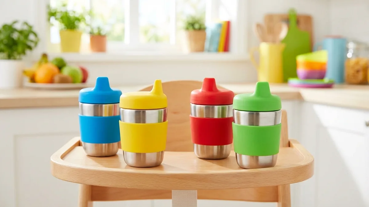 Stainless steel and silicone toddler sippy cups on a kitchen table next to a bowl of fruit
