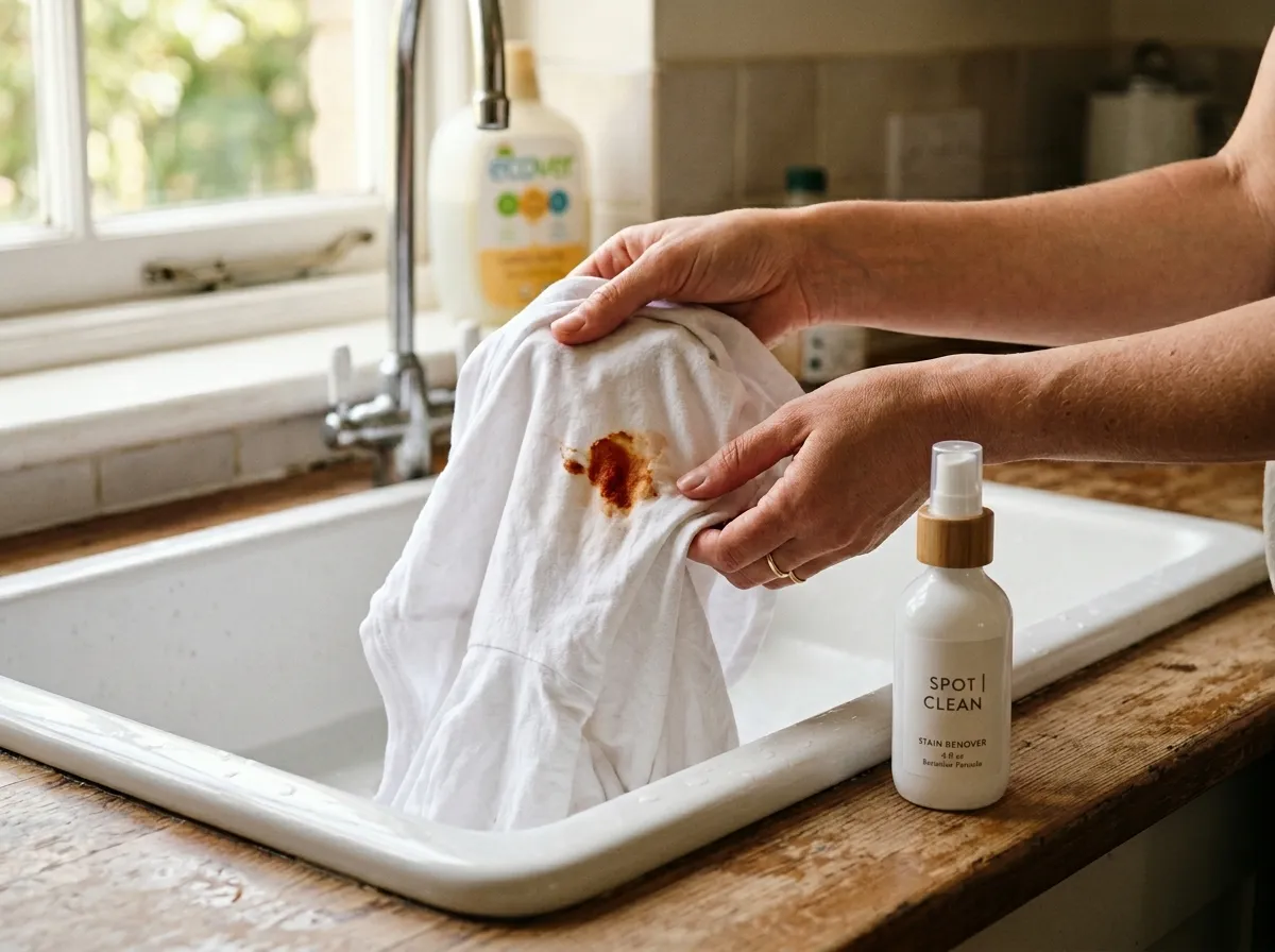 Non-toxic stain remover products next to stained laundry